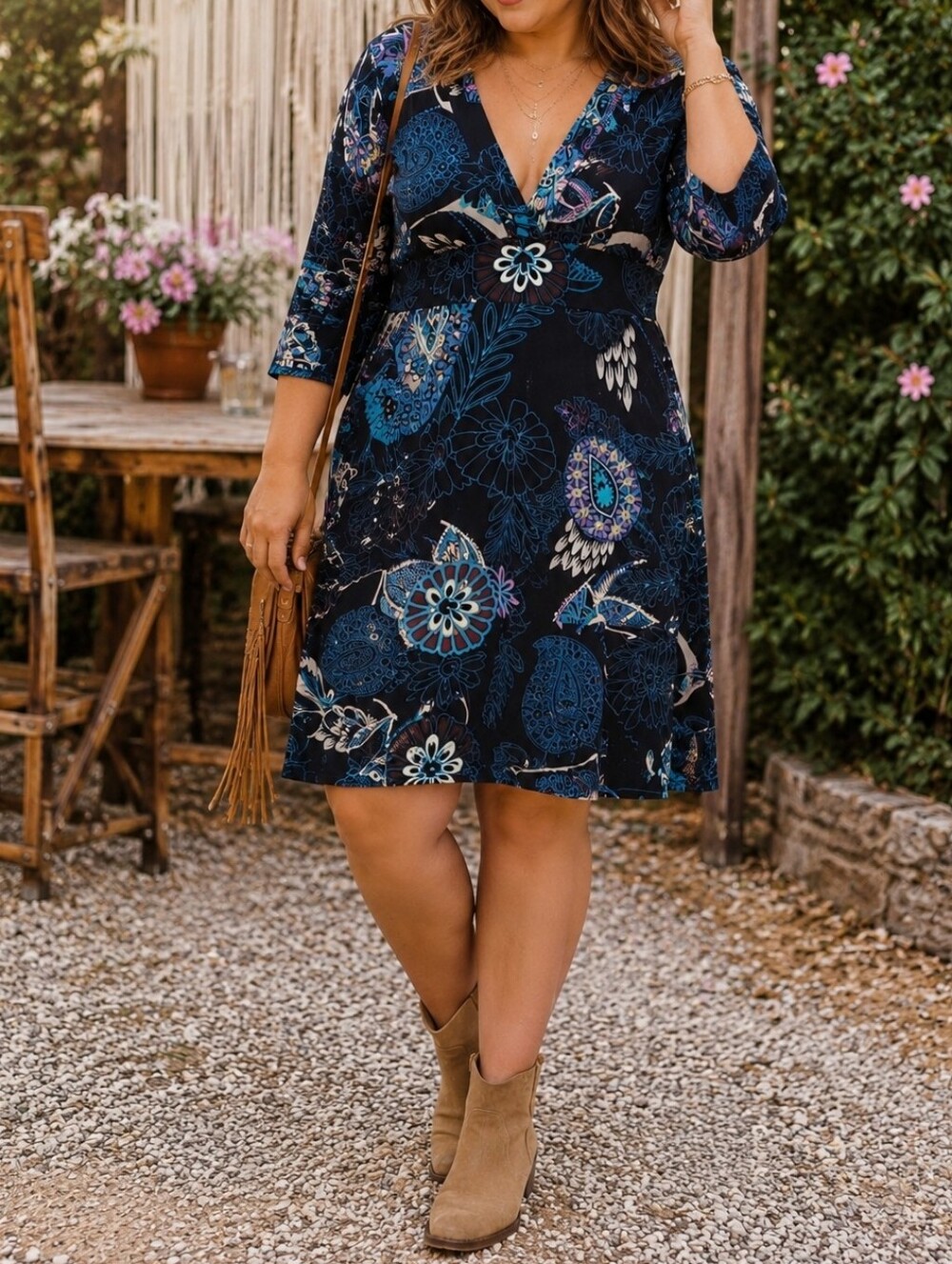 InWear Black Floral Paisley V-Neck Midi Dress 3/4 Sleeve Boho Stretch Cocktail